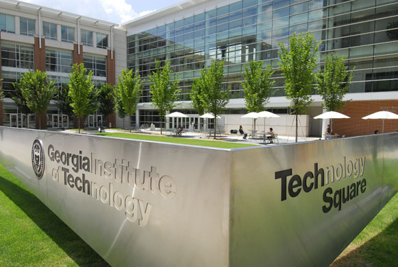 Image of the Technology Square sign as seen outside of the Scheller College of Business in Tech Square. 